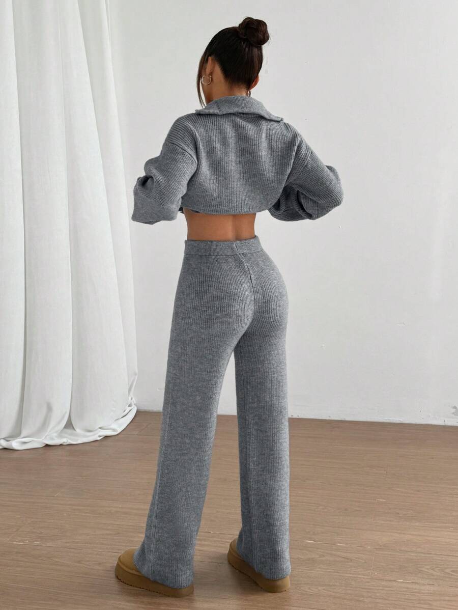 2-delige Set: Trui met Halve Rits en Gebreide Broek