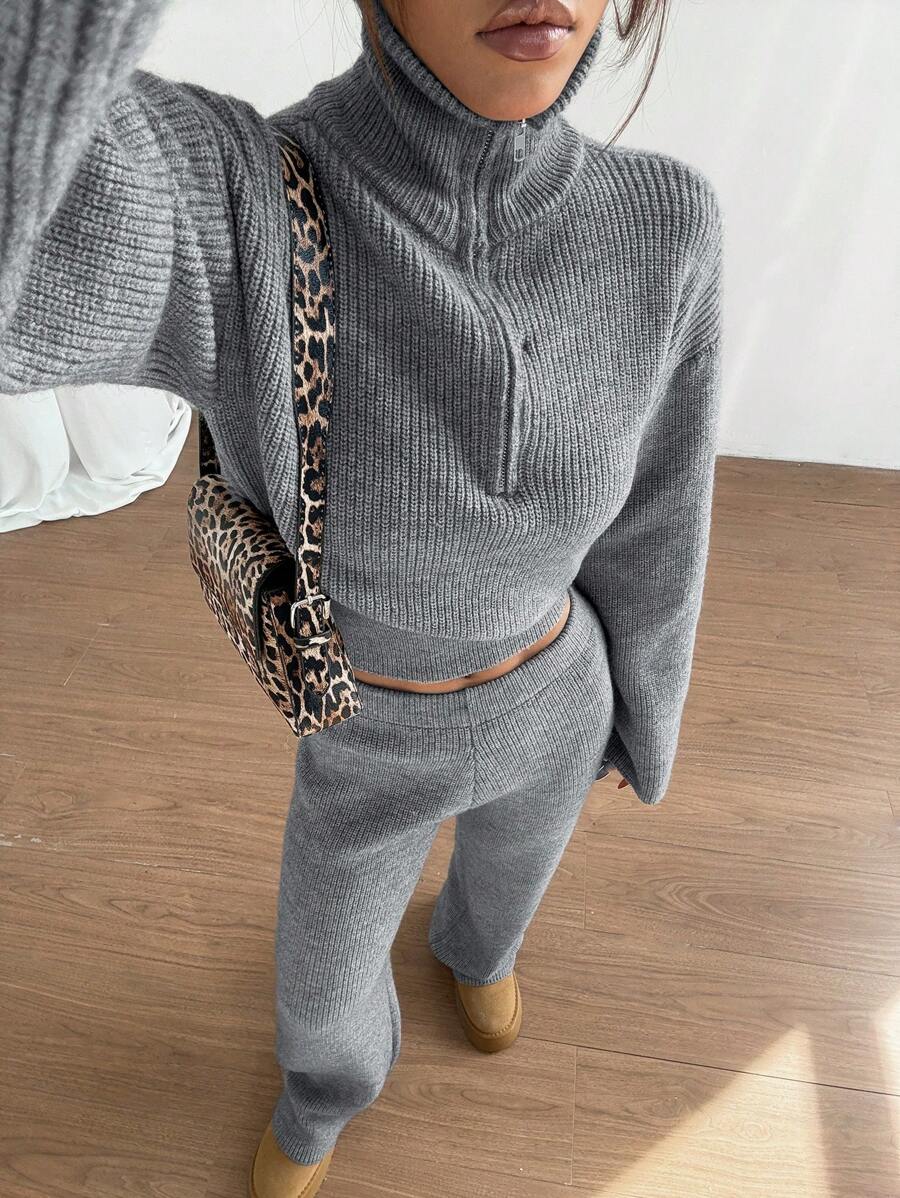 2-delige Set: Trui met Halve Rits en Gebreide Broek